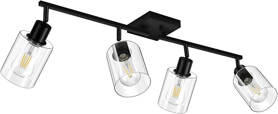 Track Lighting Fixtures Ceiling, 30" LED Track Light with Clear Glass Lampshade, Black Ceiling Spotlight for Kitchen, Adjustable Rotatable Track Head,Wall Sconce for Hallway Bathroom(E26 Base,No Bulb)