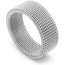 8MM Wide Mesh Ring, 925 Sterling Silver Adjustable Unisex Ring, Minimalist Deformable Net Design for Men and Women Size 11