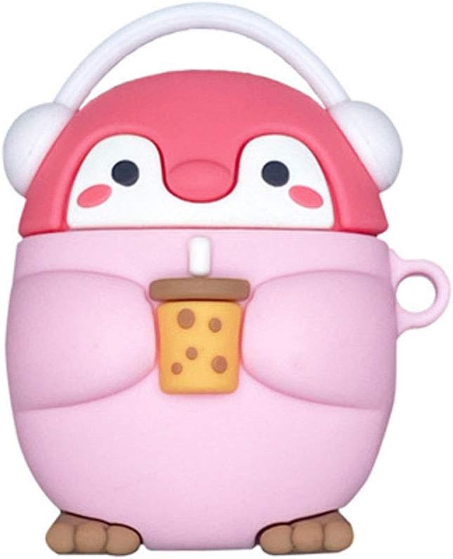 Earphone Case Compatible with AirPods 12, Super Cute Standing Headphone Penguin Baby with Milk Tea in Hand Case, Stylish Kawaii Soft Silicone Earbud Protection Skin -Pink