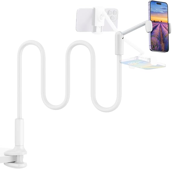 SAIJI Gooseneck Phone Holder for Bed, 360 Rotate Support Rod One-Hand Adjustable Cell Phone Stand, Compatible with All 4.7-7" Devices (White)