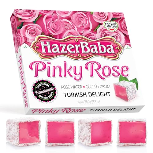 Hazer Baba Turkish Delight Candy, Rose Water Flavored, 8.8oz Pack of 1, Gourmet Snack Box, Traditional, Vegan Snack, Turkish Lokum, Unique Sweets, Loukumi, Delicias Turcas, Halal, Kosher