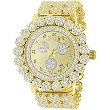 Exclusive Custom Time Piece VVS1/D 23.15 Ctw. Simulated Diamond Solid Steel Back 14K Gold Finish Flower Bezal Band Watch Big Bold 52mm W/Date Function 5 ATM