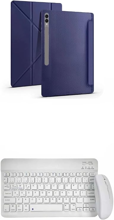 Samsung Galaxy Tab S11 Ultra SM-X930 Tablet Kılıfı, Bluetooth Klavye ve Mouse Set, Standlı (LACİVERT BEYAZ)