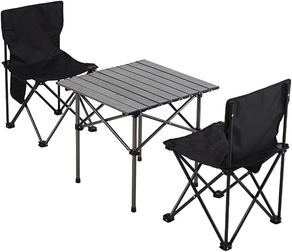The Fellie Foldable Camping Table and Chairs Set Portable Picnic Table with 2 Chairs 50cm Aluminium Rolling Tabletop Fold up Chair with Side Pocket Camping Set with Carry Bag Indoor Outdoor BBQ,Black