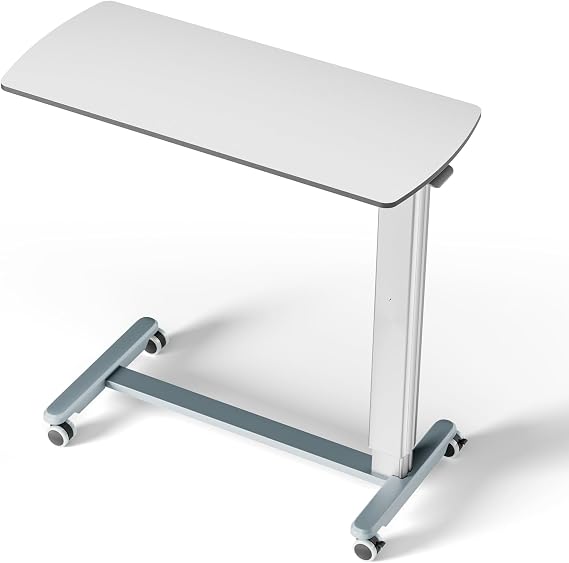 EUREKA ERGONOMIC Overbed Table with Wheels, 35.4" Pneumatic Adjustable Bedside Desk with C-Shaped Base, HPL Top, Aluminum Frame, Lockable Casters, for Home Care, Office, Sofa, Bedside, Light Greige