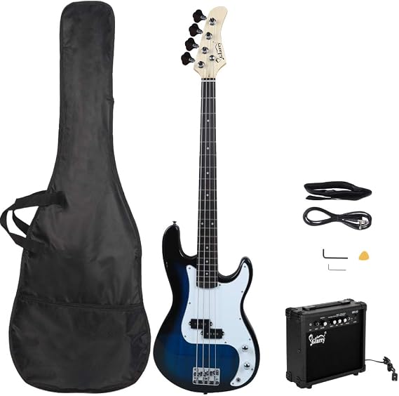 4 String Electric Bass Guitar Beginner Kit,Rosewood Fingerboard Electric Bass Guitar,with Power Line and Tool,for Adults (Blue)
