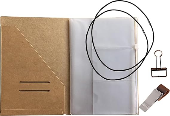 A5 Travelers Notebook Accessories Kit - Kraft File Folder, Zipper Case, Pen Holder, Binder Clip and 2 Elastic Bands
