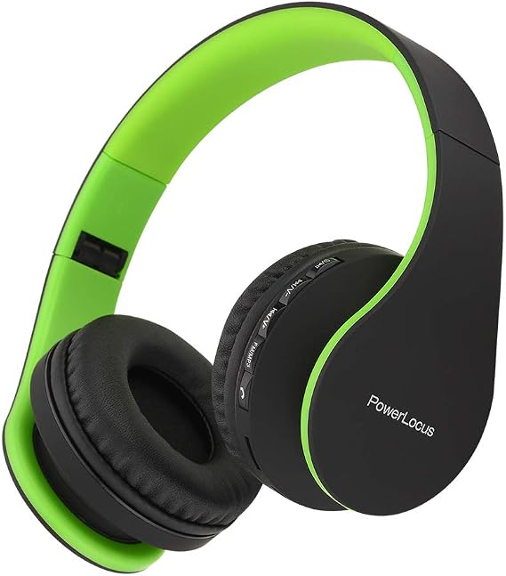 PowerLocus Wireless Bluetooth Over-Ear Stereo Foldable Headphones, Wired Headsets Rechargeable with Built-in Microphone for iPhone, Samsung, LG, iPad (Black/Green)