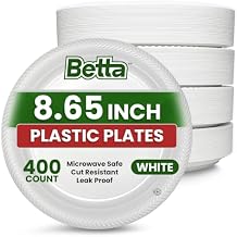 Betta Disposable Plastic Dinner Plates, White, 400 Count, Bulk Case for Schools, Breakrooms and Cafeteria, Microwave Safe (4 Pack Per Box x100)