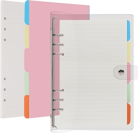 Toplive 6 Ring Binder Notebook, Transparent PVC Binder Cover Notebook Planner Refillable Loose Leaf Round Ring Personal Journal with Insert (Transparent, A6)