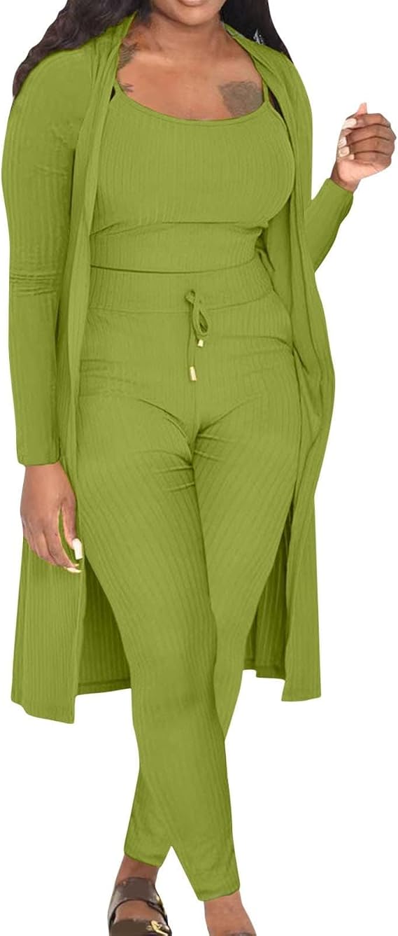SACFOF Women's Fuzzy 3 Piece Sweatsuit Open Front Cardigan Crop Tank Tops Wide Legs Pants Lounge Sets