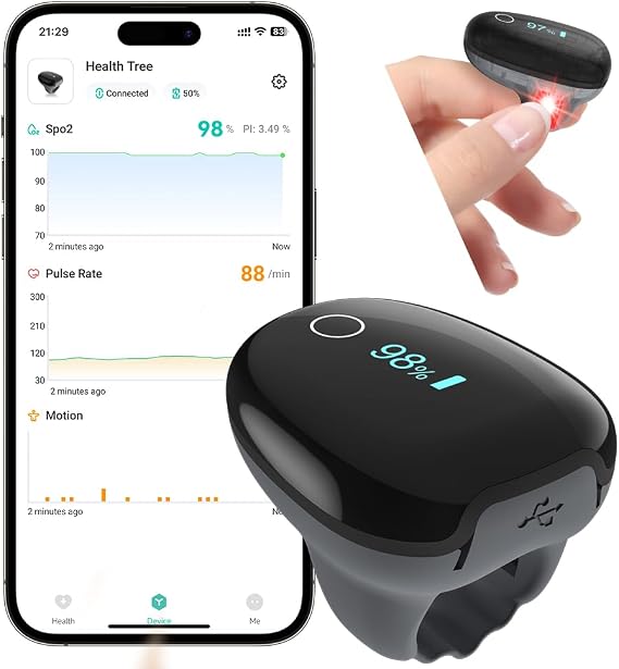 HealthTree JKS50G Sleep O2Ring Recording Pulse Oximeter Continuous Blood Oxygen Saturation & Pulse Rate Overnight, Bluetooth Wearable Sleep Tracking Ring, Export Sleep Report & Raw Data