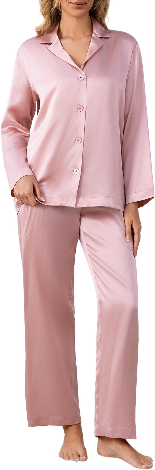 THXSILK 6A+ 100% Mulberry Silk Pajamas for Women, 22 Momme Pure Silk Long Sleeve Sleepwear Nightwear Soft Pj Lounge Sets