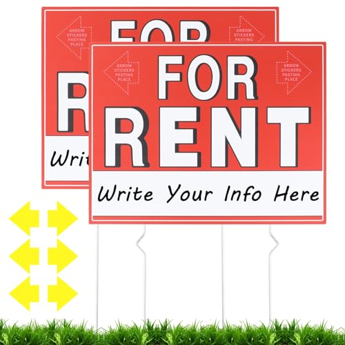 For Rent Sign, 2 Packs Double-Sided Rental House Sign With 4 Metal Stakes & 6 Arrow Stickers, Waterproof With Blank Space for DIY Custom Info, Real Estate Sale, 17 x 13