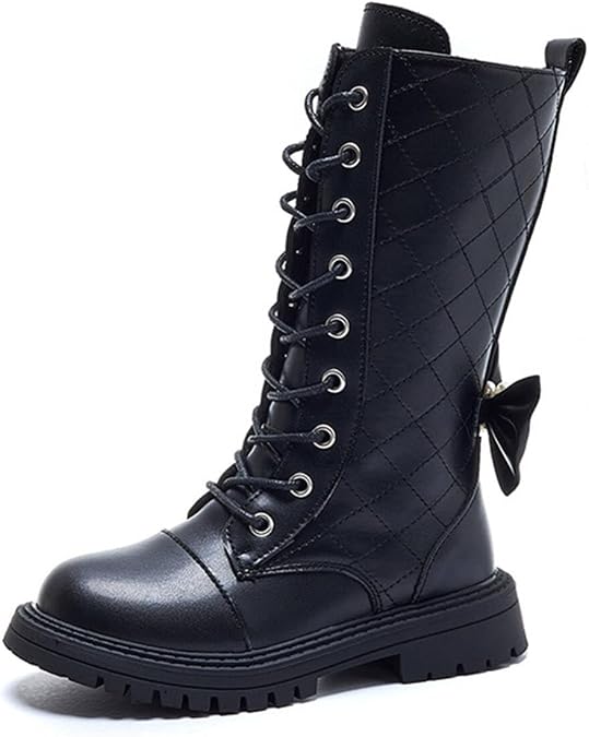 BININBOX Girl's Fashion Boots Kids Girls Waterproof Lace-Up Back Zipper Knee High Leather Winter Boots Low Heel Mid Calf Combat Riding Boots Dress Princess Shoes