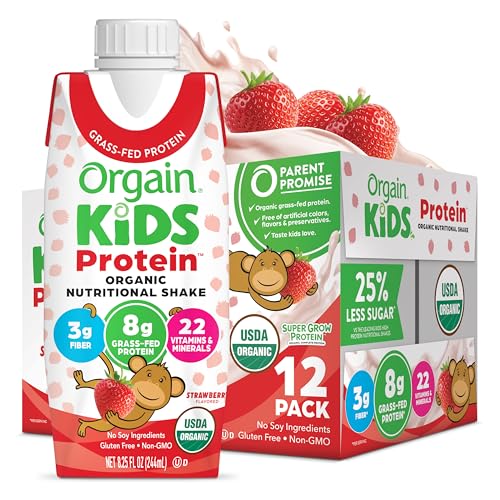 Orgain Organic Kids Protein Nutritional Shake, Strawberry - 8g of Protein, 22 Vitamins & Minerals, Fruits & Vegetables, Gluten Free, Soy Free, Kosher, Non-GMO, 8.25 Ounce Pack of 12