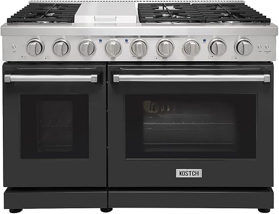 KOSTCH 48 inch Pro-Style Natural Gas Range with 6 Burners & 1 Griddle Cooktop, Double 4.6 cu. ft. and 2.2 cu. ft. Convection Oven, in Stainless Steel with NG/LPG Convertible Kit (Black)