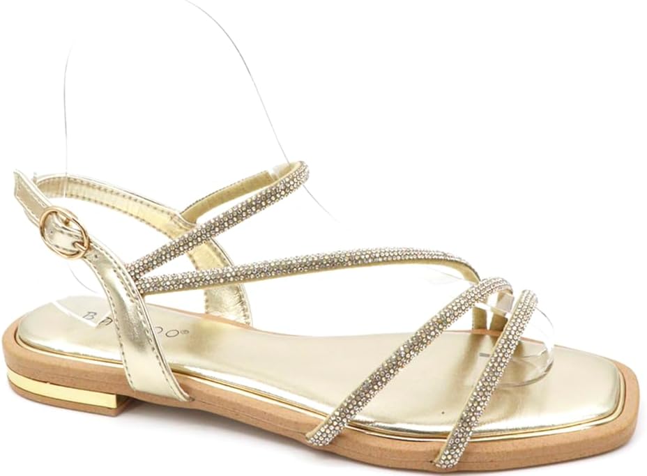 BAMBOO Womens Open Toe Rhinestone Embellished Slingback Strap Flat Sandals