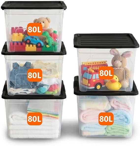 ORGANIZED Plastic Storage Boxes with Lids 80L - Pack of 5 | Large Clear Stackable Storage Containers with Black Lids, Heavy Duty Strong Durable Tubs for Home, Office, Multipurpose