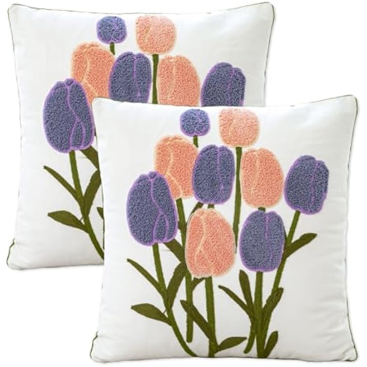 Embroidered Spring Pillow Covers 18x18 inch Set of 2,Purple Tulip Farmhouse Floral Pillow Covers Aesthetic Floral Modern Spring Square Pillow Cushion Cases Home Decor