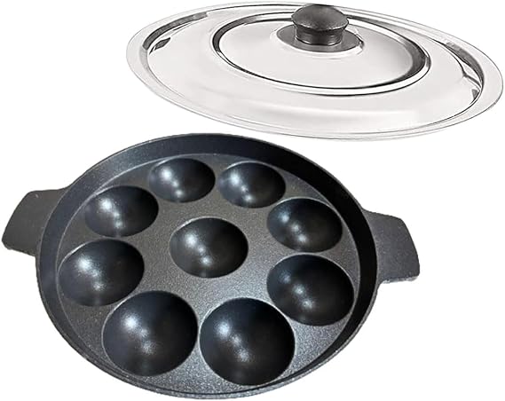 Aluminium Appam Pan with Steel Lid, 9 Cavity Non-Stick Induction Base, 2 Sided Handle