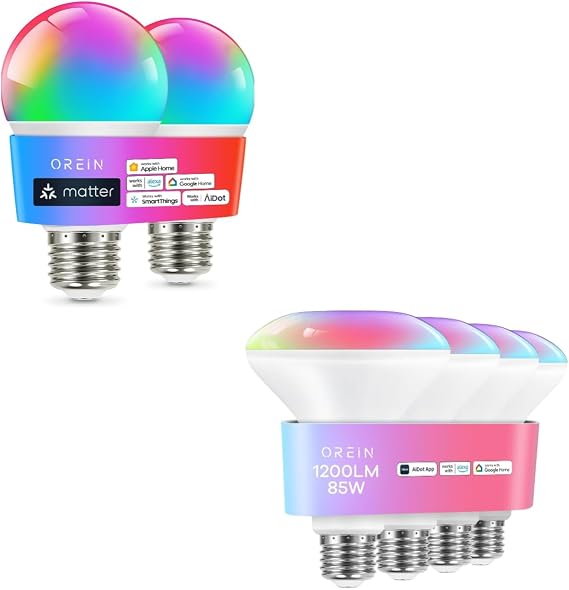 OREiN Matter Smart Light Bulb Bundle, A19 & BR30 Smart Light Bulbs, Color Changing Light Bulbs Work with Apple Home, Alexa, Google Home, SmartThings, Smart Bulbs 2.4Ghz WiFi