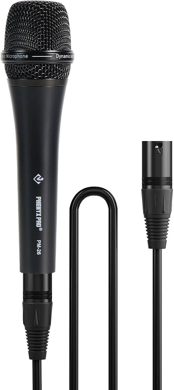 Phenyx Pro Supercardioid Vocal Dynamic Microphone with XLR Cable PM-26 | Wired Handheld Mic, 16.4 ft Cable, Mic Clip, Storage Bag, Focused Voice Pickup, Stage Vocals, Studio Recording, Karaoke