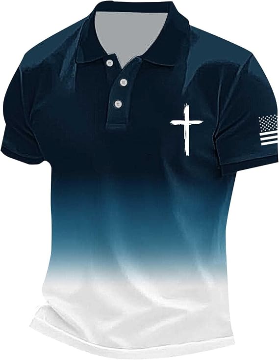 Christian Polo Shirts for Men Jesus Faith Cross American Flag Patriotic Golf T-Shirts 4th of July USA Flags Tee Tops