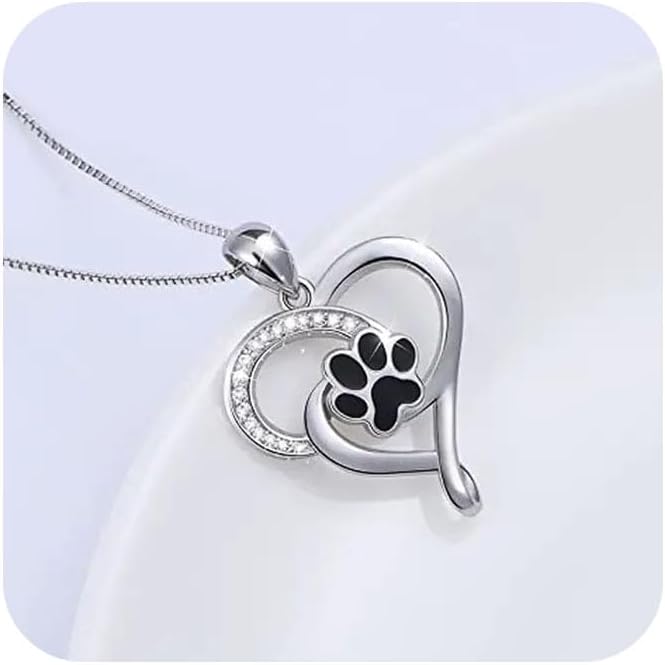 925 Sterling Silver Cute Puppy Dog Cat Pet Paw Print CZ Crystal Diamond Love Heart Pendant Necklace with 18 inches Box Chain for Women