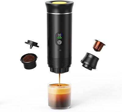 Portable Electric Nano Espresso Maker Compact Travel Coffee Machine Compatible with Ground Coffee & Capsules for Car, RV, Hiking, Camping & OfficeBlack