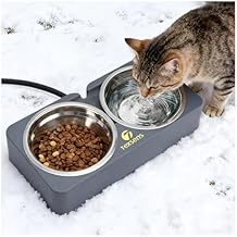 Heated Cat Bowl for Outdoor Pets - Double Stainless Steel Food & Water Bowls with Chew-Resistant Cord - Fully Waterproof Winter Feeding Station for Cats and Dogs - 20.3 OZ Each