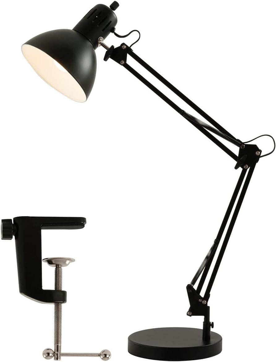 Bon Furniture Desk Light, Stand, Clamp Type, Base, 2-Way Table Light, LED E26, Arm Light, Shade, Adjustable Angle, Reading Light, Black