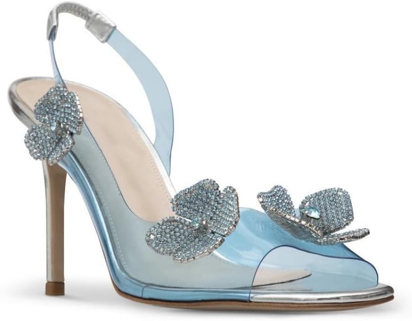 Vertundy Women's Crystal Sandals Square Toe Clear Slingback Heels with 3D Rhinestones Flower Open Toe Dress Pumps for Party Wedding