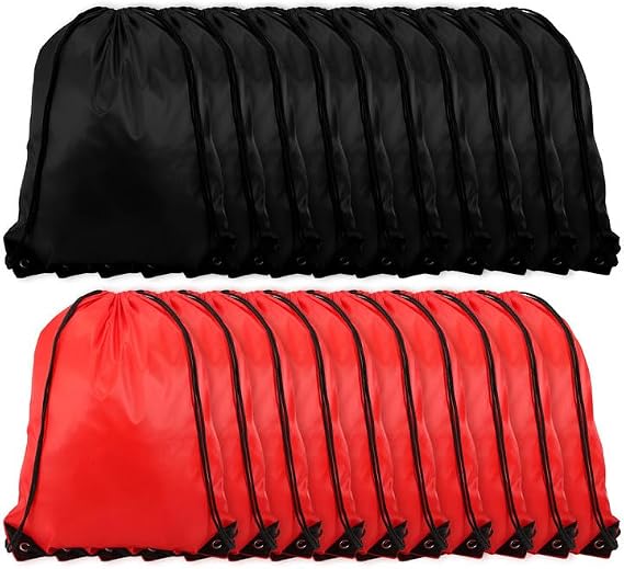 20 Piece Drawstring Backpack Bulk, Black Red