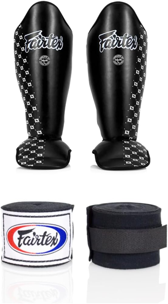 Fairtex SP5 Black Medium Shin Guard + Fairtex Muay Thai Handwrap Black 180 inch