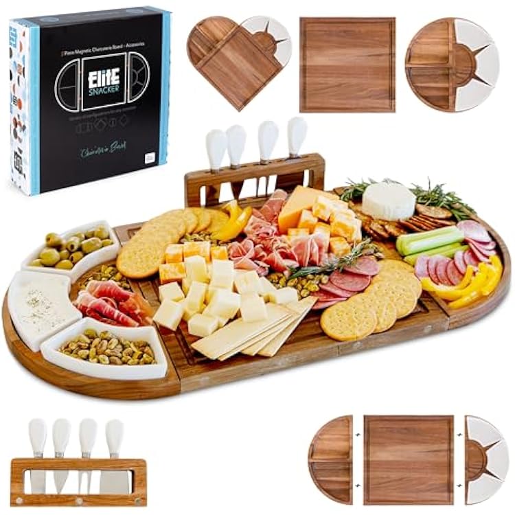 Large Wooden Charcuterie Board Set Premium Finish - 3-Piece Magnetic Long Serving Board Tray with Charcuterie Accessories - Acacia Wood Cheese Platter with Cheese Knife Set & Dishes - Brown