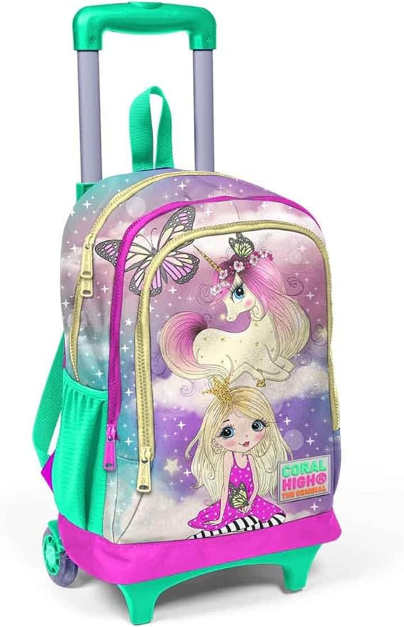 Coral High Işıklı Tekerlekli Unicorn ve Kız Çekçek Okul ve Seyahat Çantası Kız Çocuk Su Yeşili Pembe