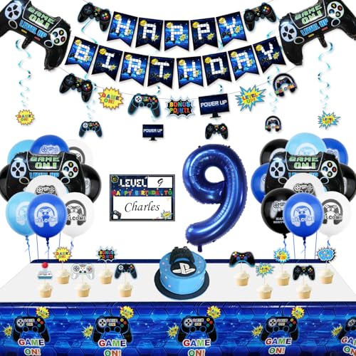 Video Game Party Decorations - 9th Birthday Decorations for Boys, HAPPY BIRTHDAY Banner, Video Game Balloons, Number 9 Blue Balloons, Gaming Hanging Swirls, Game On Birthday Party Supplies