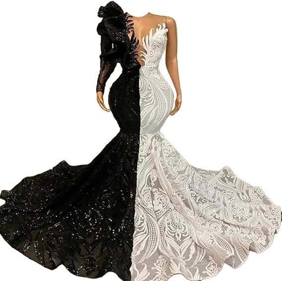 Black White Sequins Mermaid Formal Prom Dress One Shoulder Formal Pageant Evening Dress Party Gowns