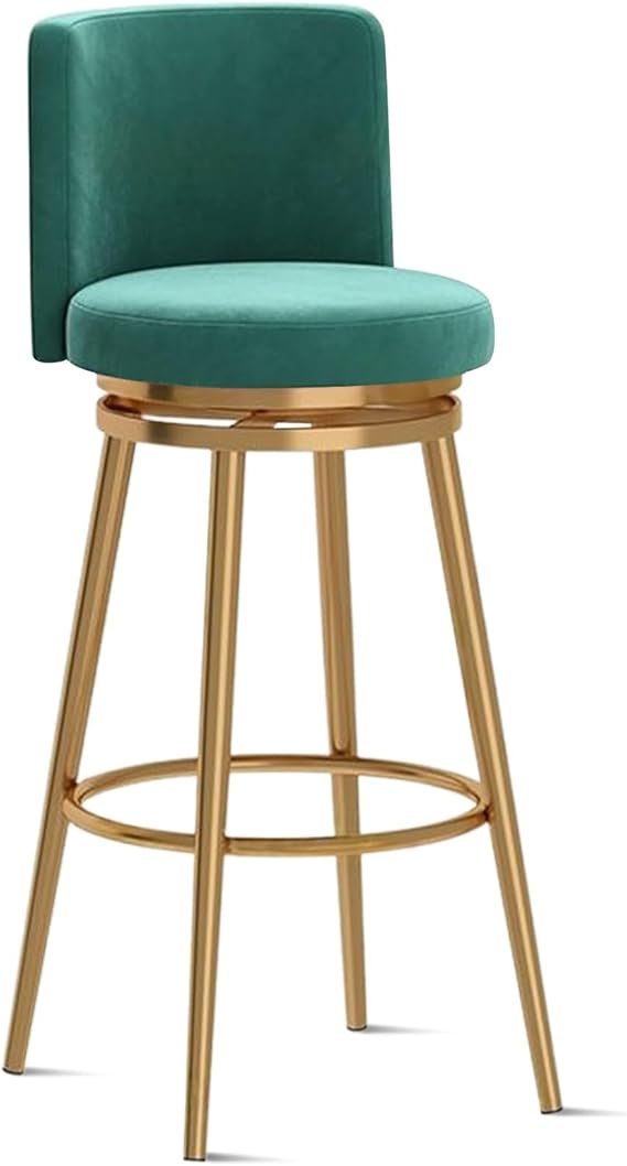 Upholstered Swivel Bar Stool Ergonomic Backrest with Plated Metal Footrest Modern Velvet Counter Bar Chair for Kitchen Island and Dining Room(1 PCS Green Gold Leg,75cm(29.5in))