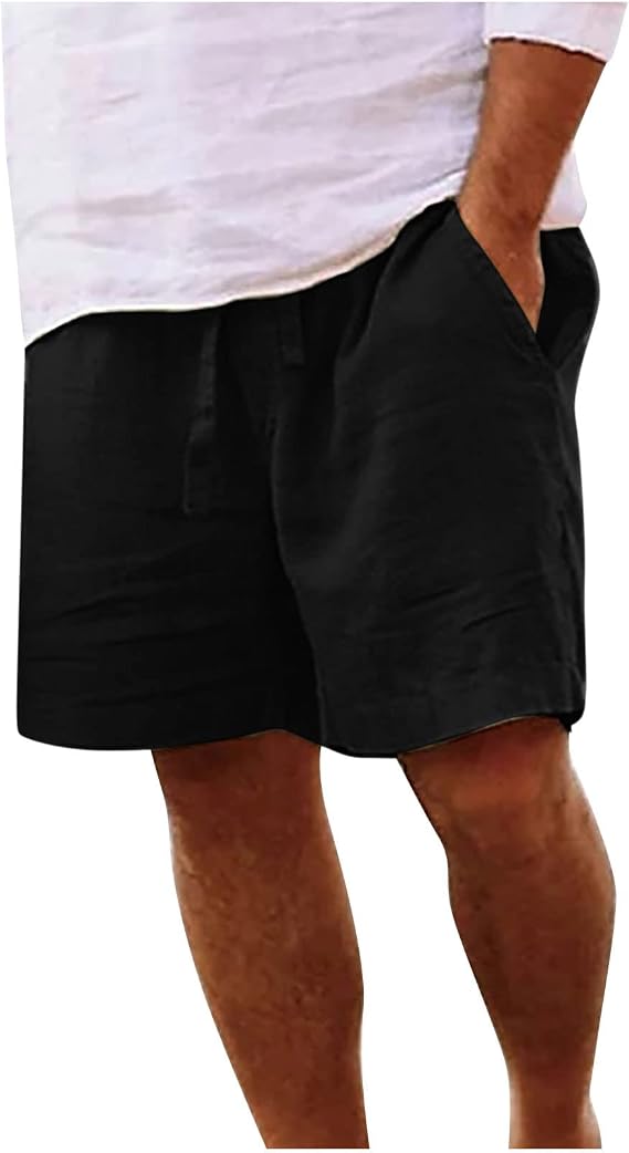 Men Linen Shorts Elastic Waist Drawstring Cotton Linen Shorts with Pockets Loose Fit Outdoor Summer Beach Shorts
