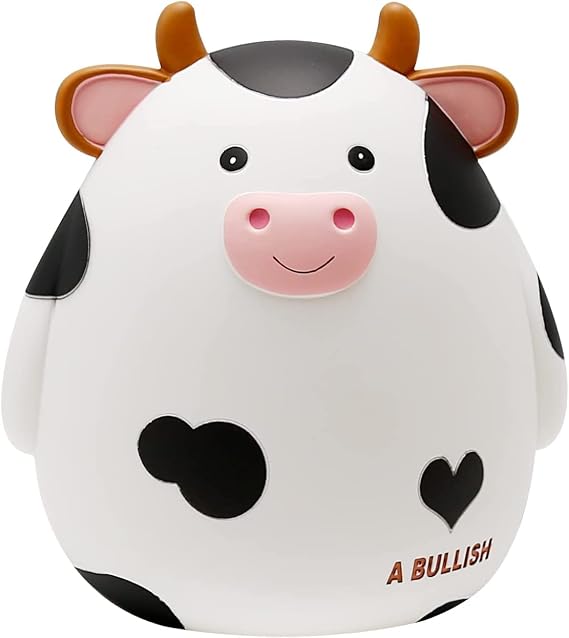 H&W Cow Piggy Bank, M Size, Unbreakable Coin Box for Saving Money (White)