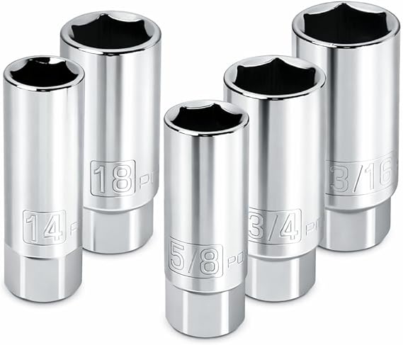 Powerbuilt 3/8-Inch Drive Spark Plug Socket Set, 6 Point, Deep Thin Wall, 5 Piece Metric and SAE - 640855, Grey