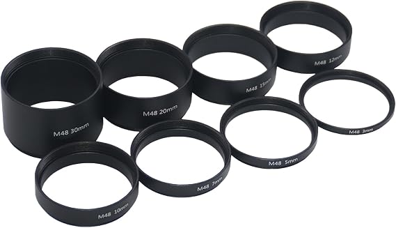 8PCS M48x0.75 Telescope Extension Tube Set,2"/M48 Extension Tube Kit Length 3mm 5mm 7mm 10mm 12mm 15mm 20mm 30mm Extending for Astronomical Telescope Photography