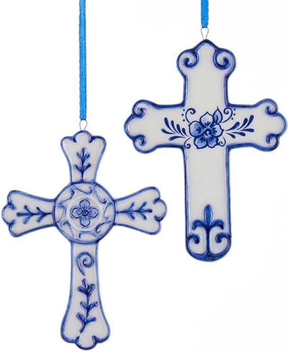 Kurt Adler 4" Porcelain Delft Blue Cross Ornament 2/asstd