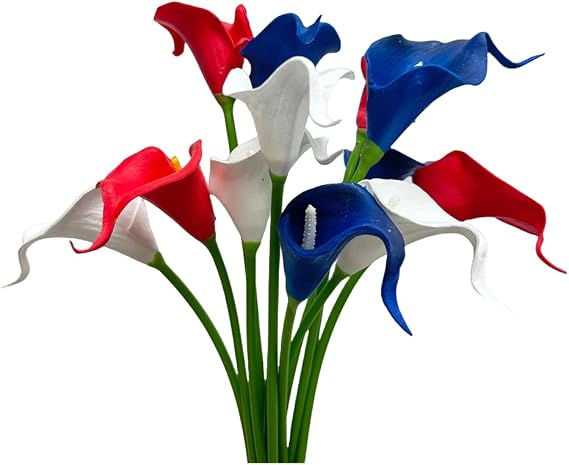 12pcs Calla Lily Flowers Artificial,Single PU Real Touch Red, White & Blue | 13" Small Flower Bouquet Accessorie,Calla Lily Bridal Wedding Bouquet for Greenery Plants Indoor Outside Garland Office Decor