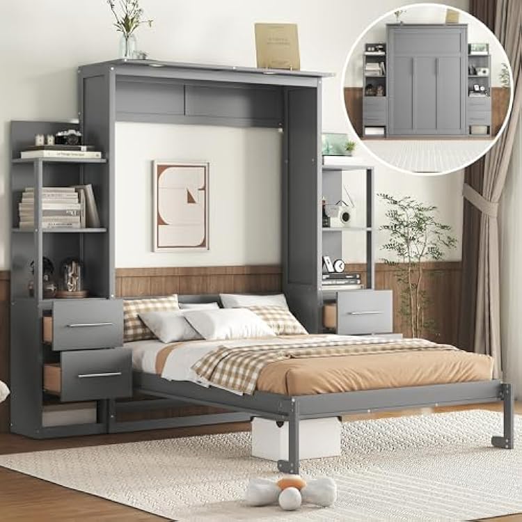 Ball & Cast Murphy Bed Cabinet Full Size,Wall Hideaway Bed with Shelves,can be Folded,Wood Foldable Frame WDrawers and LED Lights,Slat Support,for for Apartment,Bedroom,Gray