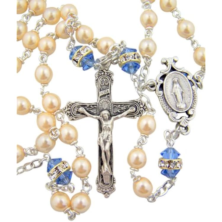 Miraculous Medal Centerpiece Sapphire Color Bohemian Crystal Prayer Beads Rosary