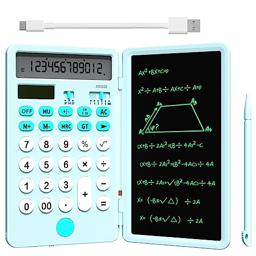 NEWYES Portable Calculator with Notepad, Basic Calculator with Writing Tablet,12 Digits Large Display Rechargeable Solar Power Desk Calculator for Primary and Middle School Students, Office Blue