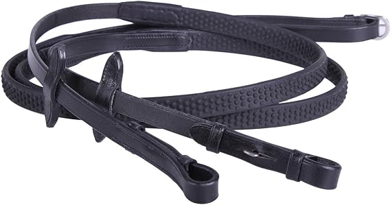 LEATHER REINS WITH SUPER GRIP ANTI-SLIP FOR BRIDLE SUPER FLEXIBLE RUBBER GRIP (Black, Cob)